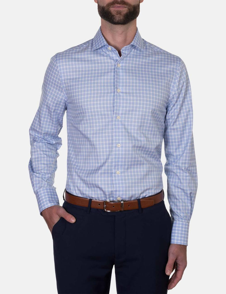 Hardy Amies Sky Blue Check Business Shirt (Slim Fit)